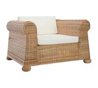 Natural Rattan Armchair with Cushions, White Cream Linen Fabric, Thick Seat and Back Cushion, Comfortable Indoor Lounge Chair for Living Room, Bedroom, Patio, Durable Solid Washable Removable Covers