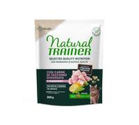 Natural Trainer Selected Quality Nutrition Adult Chat, Aliments secs pour chats adultes stérilisés de toutes tailles, sans céréales, goût TACCHINO | 2 paquets de 300 grammes chacun.