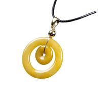 Natural Yellow Jadeite Double Peace Buckle Pendant NecklaceFengShuiProtection Amulet WithGold Plated Bail&BlackCordGenuine Jade Jewellery Gift
