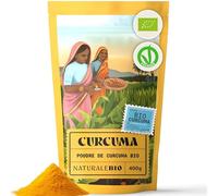 NaturaleBio Curcuma Poudre Bio 400g. Racine de Turmeric 100% Pure et Moulue. Non-OGM, Sans Additifs, Colorants Artificiels. Sourcé en Inde. Riche en curcumina, pour la Cusine et Le Bien-Être