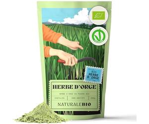 NaturaleBio Herbe d'orge en poudre Bio et Crue, 200g. Naturelle et Pure. Cultivée en Europe. Idéale dans les jus verts, les smoothies ou recettes. Convient aux végétariens et végétaliens.