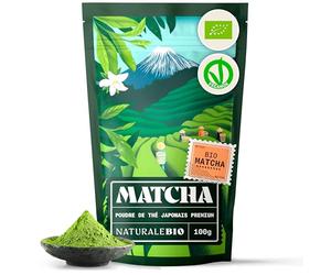 NaturaleBio Thé Matcha Bio Japonais. Premium Qualité. 100 gr. Thé Vert en Poudre. 100% Naturel. Matcha Green Tea Produit au Japon Uji, Kyoto. Idéal à Boire, pour Cuisiner et dans le Lait