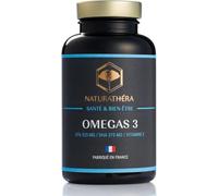 Naturathéra OMÉGAS 3 (EPA & DHA) - Dosage Fort - Pureté garantie - Anti-inflammatoire - Complément Alimentaire Cerveau Coeur Vision - 90 Capsules - Fabriqué en France - Sans Additifs Allergènes OGM