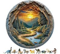 Nature Art Puzzle en bois pour adultes - Puzzle unique en bois en forme d'animal - 454 pièces de grande taille - Puzzle en bois pour adulte - Grotte ronde - Superbe paysage de forêt de coucher de