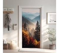 Nature Automne Poster de Porte 3D Trompe L'oeil 73x205 cm, Forêt Auto-Adhésif Sticker Porte pour Chambre Cuisine, Montagne Brouillard Stickers Autocollants de Porte Y6Nc159