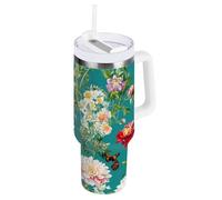 Nature Dahlia Gobelet sous vide de 1200 ml avec couvercle étanche et paille - Bouteille d'eau isotherme à large goulot pour la maison, le bureau ou la voiture