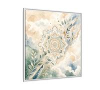 Nature Mandala Green Beige Framed Canvas Print Wall Art - Watercolor Living Room, Above Console Table 36×36 inch (90×90 cm) - Square/White / 1.25 inch (3 cm)