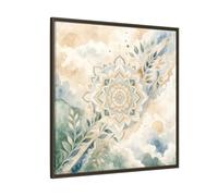Nature Mandala Green Beige Framed Canvas Print Wall Art - Watercolor Living Room, Above Console Table 36×36 inch (90×90 cm) - Square/Espresso / 1.25 inch (3 cm)