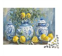 Nature Morte aux vases Bleus et Blancs,Puzzle de 1000 pièces représentant des Citrons dans des Pots en céramique Bleue.Jeu éducatif pour Adultes,décoration intérieure, défi de Haut Niveau,52 x 38 cm.