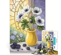 Nature Morte Florale d'anémones Blanches et de mûres Puzzle de 1000 pièces pour Adolescents Développe la réflexion Loisirs créatifs Bords précis Cadeau attentionné 50x75cm