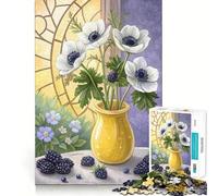 Nature Morte Florale d'anémones Blanches et de mûres Puzzle de 1000 pièces pour Adolescents Développe la réflexion Loisirs Finitions impeccables 38x52cm