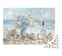 Nature Morte Florale de Plage Puzzle 1000 pièces pour Adultes Plage Mouettes Bouteille Sable Premium Haute Qualité Épais Robuste Vibrant Défiant Relaxation Antistress Cadeau 52x38cm/1000pcs