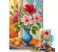 Nature Morte Florale, Hibiscus Rouge et Rose avec Oranges, Puzzle pour Adultes de 1000 pièces, Jeu de logique et de réflexion, Plaisir Lent, découpe précise, pièce de Collection 38x26cm