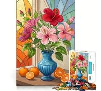 Nature Morte Florale, Hibiscus Rouges et Roses avec Oranges, Puzzle de 1000 pièces pour Adolescents, défi cérébral, Jeu de détente, découpe précise, œuvre d'art à Exposer 38x52cm