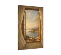 Nature Ocean View Coastal Window Scene - Canvas Wall Art Print 12×18 inch (30×45 cm) - Vertical / 1.25 inch (3 cm)