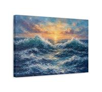 Nature Ocean Waves Blue And Orange Canvas Wall Art Print - Impressionistic Living Room, Large 18×12 inch (45×30 cm) - Horizontal / 1.25 inch (3 cm)