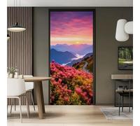 Nature Plantes Fleurs Montagnes Rose Sticker Porte Trompe l'oeil Effect 3D Intérieure Muraux PVC Stickers pour Décoration Mur Salon Cuisine Chambre Salle de Bain Papier Peint 95 x 215 cm