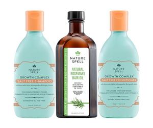 Nature Spell Trio Croissance Cheveux, Huile de Romarin Pré-diluée, Shampooing et Après-Shampooing Hydratants et Nourrissants, Soin du Cuir Chevelu, Sans Sulfate, Vegan