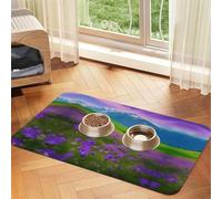 Nature Violet Fleurs Prairie Montagne Impression Scénique Tapis de Nourriture pour Animaux de Compagnie Absorbant Antidérapant Cuir PU Tapis d'alimentation pour Chiens Chats Pet Bowl Set de Table
