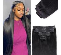 Naturel Extensions de cheveux lisses à clipser, cheveux humains naturels #1b, 120 g, tête complète Extension Cheveux(18inches)