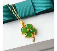 Naturel Jade Trèfle Collier Pendentif Chinois Retro Palace Style Unique Ancienne Craft Or Femme Bijoux (Gem Color : Green)