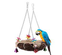 Naturel Rotin Nid D'oiseau Perroquet Cage Hamac Suspendu Balançoire Jouets avec des Cloches pour Ara Amazone Gris Africain Budgie Perruche Coat Cockbird Inséparable(Large)