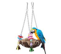 Naturel Rotin Nid D'oiseau Perroquet Cage Hamac Suspendu Balançoire Jouets avec des Cloches pour Ara Amazone Gris Africain Budgie Perruche Coat Cockbird Inséparable(Small)