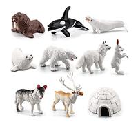 NatureMan Lot de 10 mini animaux arctiques - Figurines d'animaux polaires - Comprend un ours polaire, un phoque, un renne, un loup, un lapin, un renard arctique, un igloo pour les tout-petits, cadeau