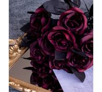 NatureMan Lot de 10 roses artificielles, roses noires, fleurs artificielles à tige unique en soie avec floraison réaliste pour décoration de fête, bouquet de mariage, décoration d'Halloween (Rouge vin