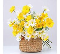 NatureMan Lot de 12 Fleurs artificielles en Soie résistantes aux UV avec tiges pour Maison, hôtel, Bureau, Jardin (Blanc, Jaune)