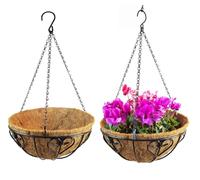 NatureMan Lot de 2 paniers de plantation suspendus de 25 cm - Pots de fleurs extérieurs avec doublure en coco - Support pour plantes rond en fil de métal avec chaîne - Paniers suspendus métalliques