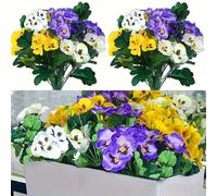 NatureMan Lot de 6 fleurs de pensées artificielles résistantes aux UV pour extérieur, rebord de fenêtre, porche, maison, jardin, mariage, décoration de ferme (blanc, jaune, violet)