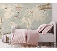 Naturempress Papier Peint Panoramique 310X250（LXH）Carte Du Monde Des Animaux De Dessins Animés Papier Peint Intissé Tapisserie Poster Mural pour Salon Chambre Décoration Murale