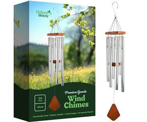 Nature's Melody Premiere Grande Tunes Carillon éolien - Carillon d'extérieur avec 6 Tubes accordés à l'échelle pentatonique E, Aluminium antirouille, Bois de hêtre et Crochet en S pour condoléances,