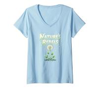 Nature's Rebels: Art botanique des Mauvaises Herbes de Pissenlit T-Shirt avec Col en V, Femme, Bleu Céleste, L