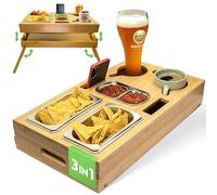 naturlik Plateau Canapé 3-en-1 avec Pieds Pliables - Plateau de Lit XL, Support Ordinateur & Bar de Canapé en Bambou - 3 Bols INOX & Porte-Gobelet - Organisateur Apéro Bois 46x27,5cm