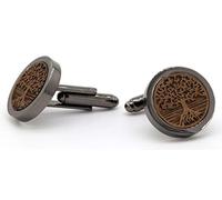 NaturSchatulle Boutons de Manchette en Bois avec Gravure 3D pour Homme - 1 Paire Noir Argent Ronds pour Mariage et Costume
