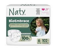 Naty BioEmbrace Couches Bébé | Certifiées sûres pour les peaux sensibles| Protection anti-fuites jusqu’à 100% | Douceur biosourcée & à base de plantes | Sans chlore | Taille 6 (16 kg+), 102 unités