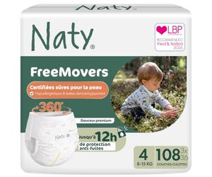 Naty FreeMovers Couches-Culottes, Taille 4 (8-15 kg), 108 unités | Pour Peaux Sensibles, Pants Hypoallergéniques, Absorbantes, Protection Anti-Fuites jusqu'à 12h, Sans Parfum, Confort Stretch