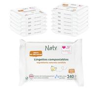 Naty Lingettes bébé naturelles sans parfum | 98% Eau purifiée pour peau sensible | Douces pour nouveau-nés d’origine végétale | Sans plastique & certifiées compostables | 240 unités (12 paquets)