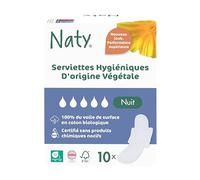 Naty Serviettes hygiéniques Night avec ailettes | Voile supérieur 100% en coton bio certifié| Sûres pour la peau | Sans parfum ni plastique conventionnel | Protections absorbantes Nuit | 10 serviettes