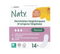 Naty Serviettes hygiéniques Normal sans ailettes | Voile supérieur 100% en coton bio certifié| Sûres pour la peau | Sans parfum ni plastique conventionnel | Protections absorbantes | 14 serviettes