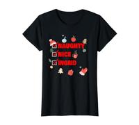 Naughty Nice Ingrid Nom de Noël Amusant T-Shirt Graphique avec Valeur, Femme, Noir, L