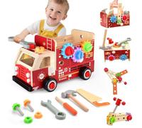 Nauotk Jouet en Bois Outil Enfant, Camion de Pompier en Bois 2 en 1 et Boite a Outils Enfant, Montessori Jeux avec 46 Pièces, Outils et établis Cadeau Garcon Fille 2 3 4 5 Ans