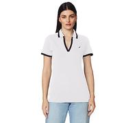 Nautica Polo en Coton Stretch à col en V rayé Coupe Classique, Blanc Brillant, M Femme