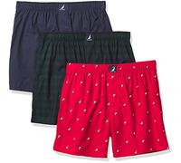 Nautica Men's Classic Cotton 3-Pack Woven Boxer, Peacoat/Buffalo Check-Tidal Green/Holiday Sail Print-Red, X-Large