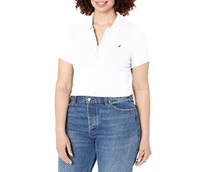 Nautica Polo Respirant à Manches Courtes 100% Coton à 5 Boutons, Blanc Brillant, M Femme