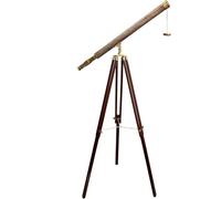 Nautical Marine Vintage Antique Brass Finish Single Barrel Télescope Recouvert d'un design unique Tube réglable en bois marron Trépied au sol pour articles cadeaux bleu marine 73