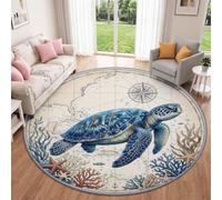 Nautique Vintage 220 cm Tapis Rond Salon Blanc Cassé Bleu Lavable Machine | Antidérapant Océan Tortue de Mer Corail Algue Étoile de Mer Tapis Rond Chambre Adulte Salle a Manger Descente de Lit Bureau