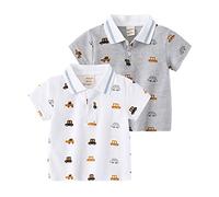 NautySaurs Lot de 2 polos pour garçons de 2 à 6 ans - Dinosaure - Voiture - Manches courtes, Gris voiture + blanc, 4 ans